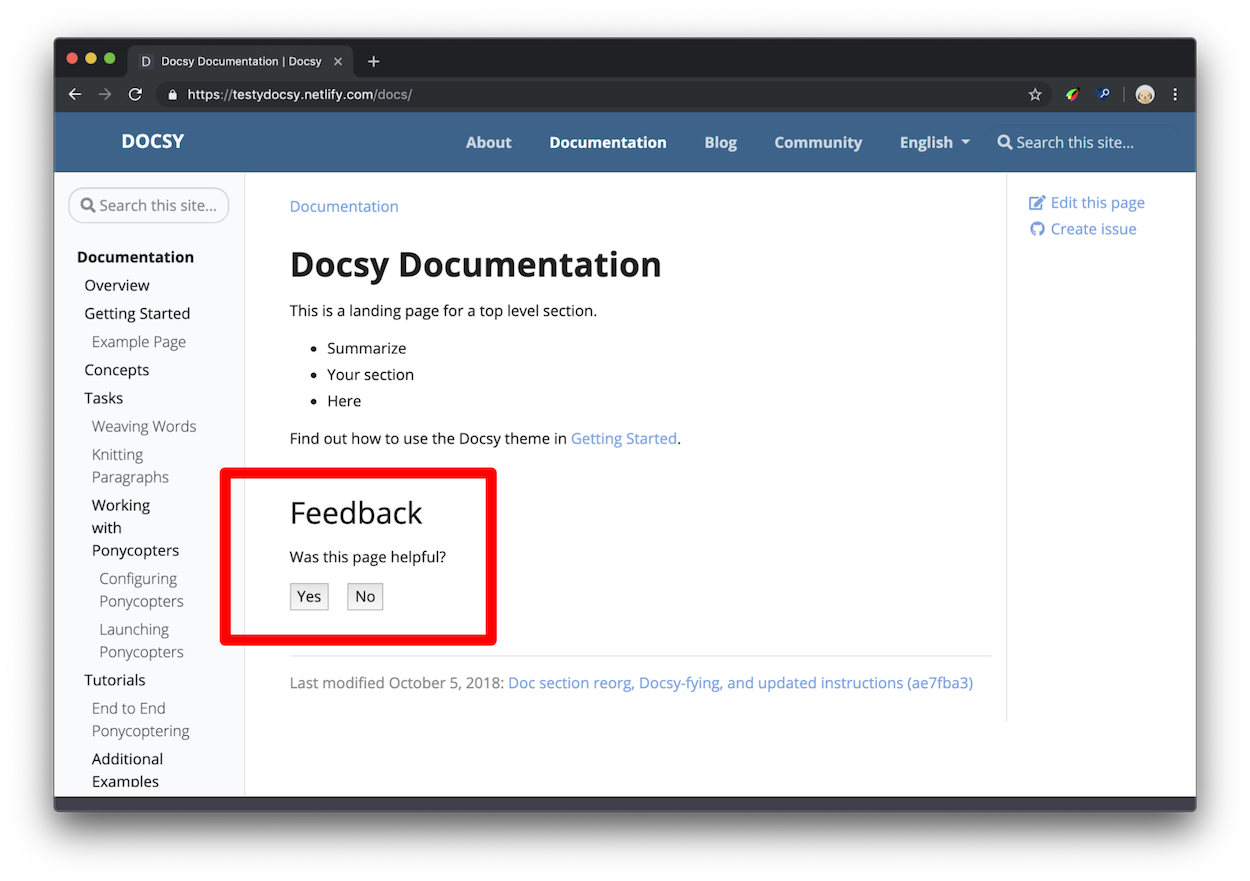 The user is presented with the text 'Was this page helpful?' followed
by 'Yes' and 'No' buttons.